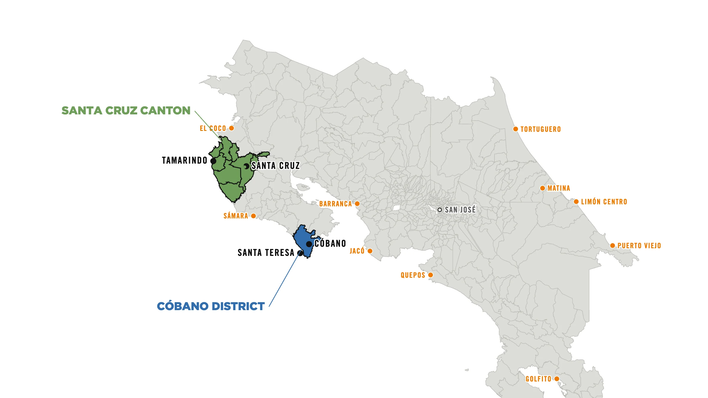 Map of Costa Rica showing the Cóbano District and Santa Cruz Canton recovery regions, with coastal collection points expanding along both coasts